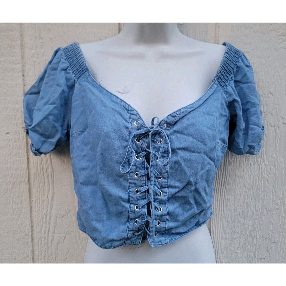 Denim off the shoulder lace up cropped corset top y2k sz M